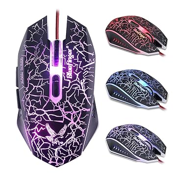 Adjustable DPI Gaming Mouse - USB Wired LED Backlit Gaming Mouse with 7 Programmable Buttons & Cool Crack Color Design (800-1200-1600-2000 DPI) - 4 Color LED Backlight (Pack of 2)
