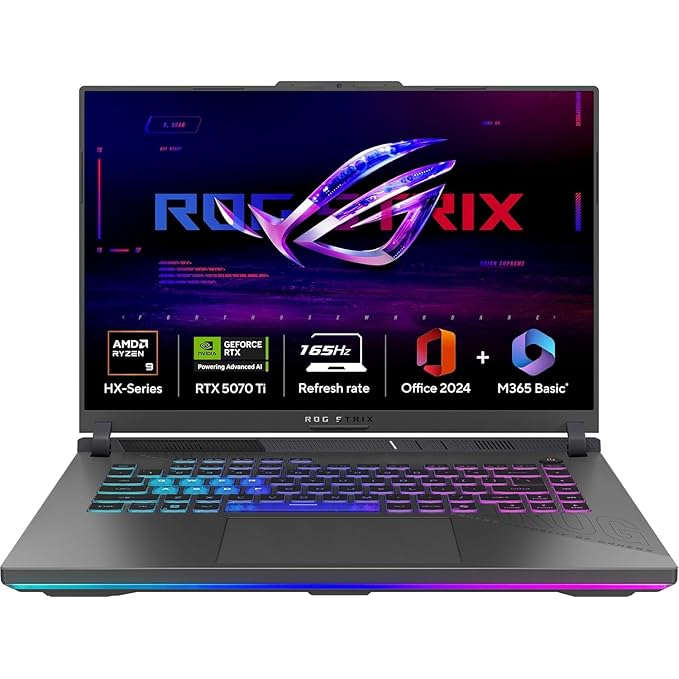 ASUS ROG Strix G16, AMD Ryzen 9 8940HX Gaming Laptop (RTX 5070 Ti/140W TGP/16GB RAM/1TB SSD/FHD+/16"/165Hz/90WHrs/Windows 11/M365 Basic (Eclipse Gray/2.5 Kg) G614PR-RV032WS