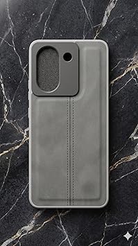 Leather Texture Phone Case, Grey, Stitched Design, Camera Protection Cover for Smartphone